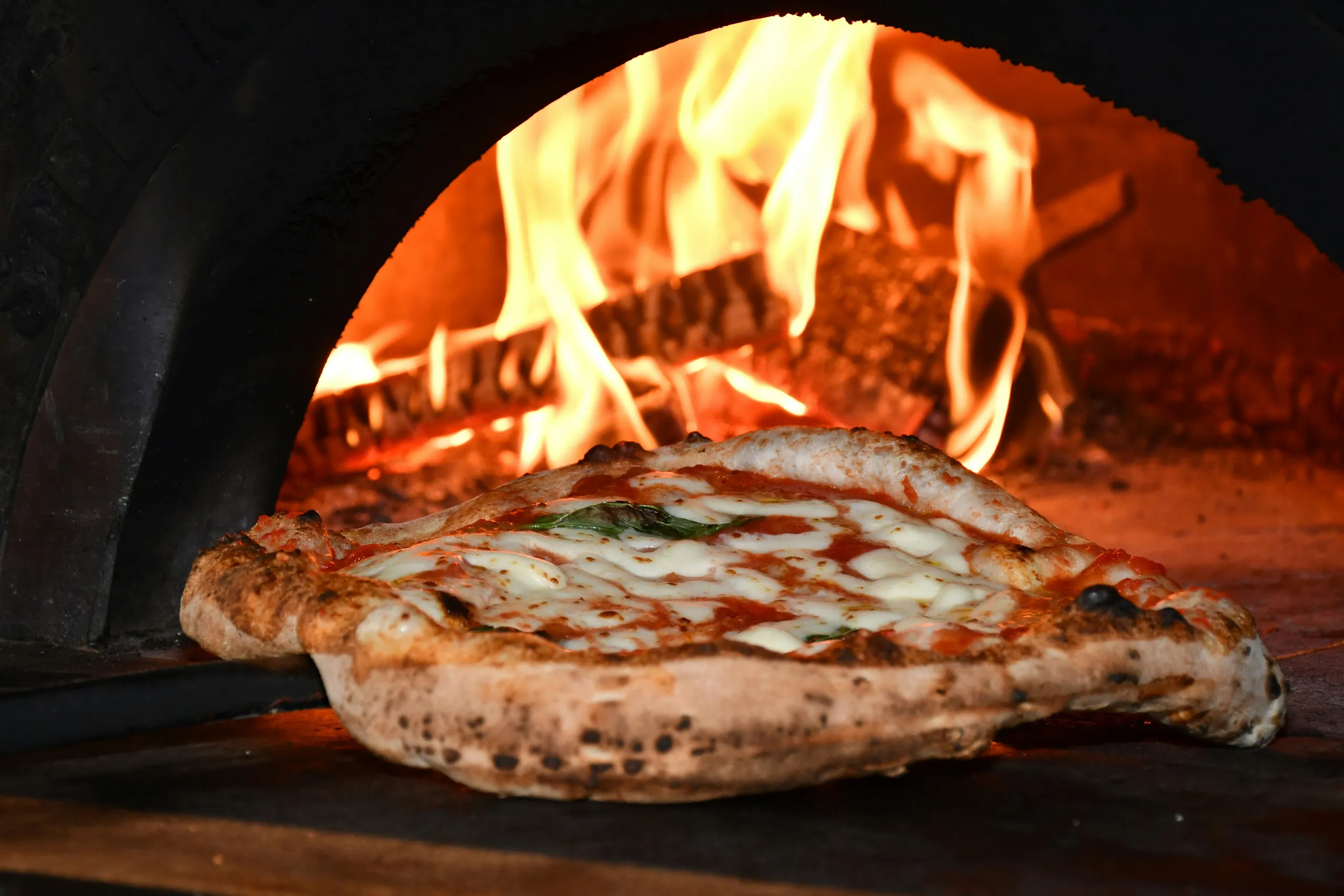 Pizza con borde tostado, mozzarella, anchoas y hierbas